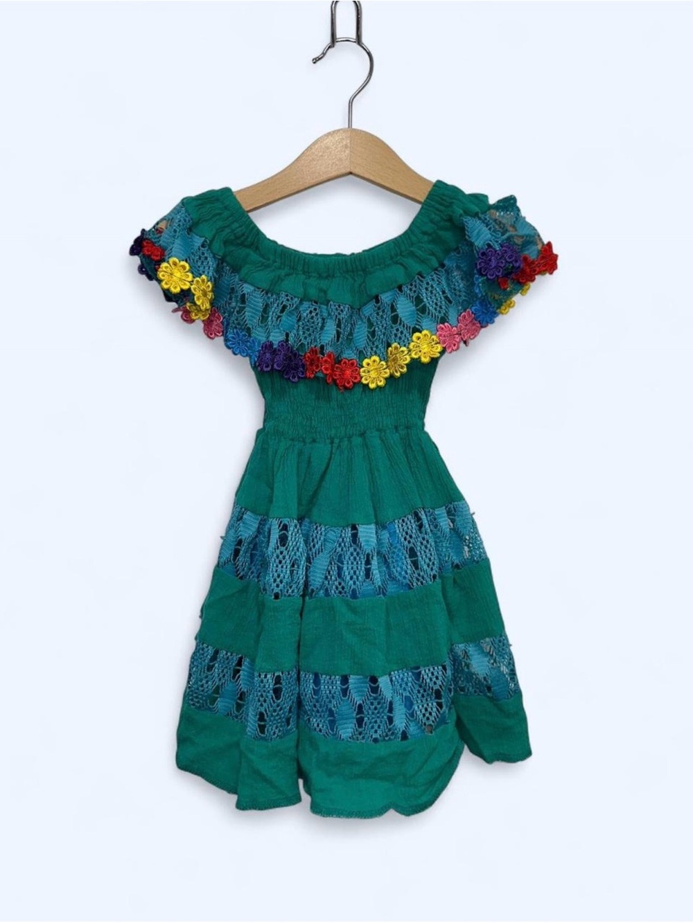 Guatemalan Kids Crochet Off The Shoulder Dress in Teal Girls Mexican Style